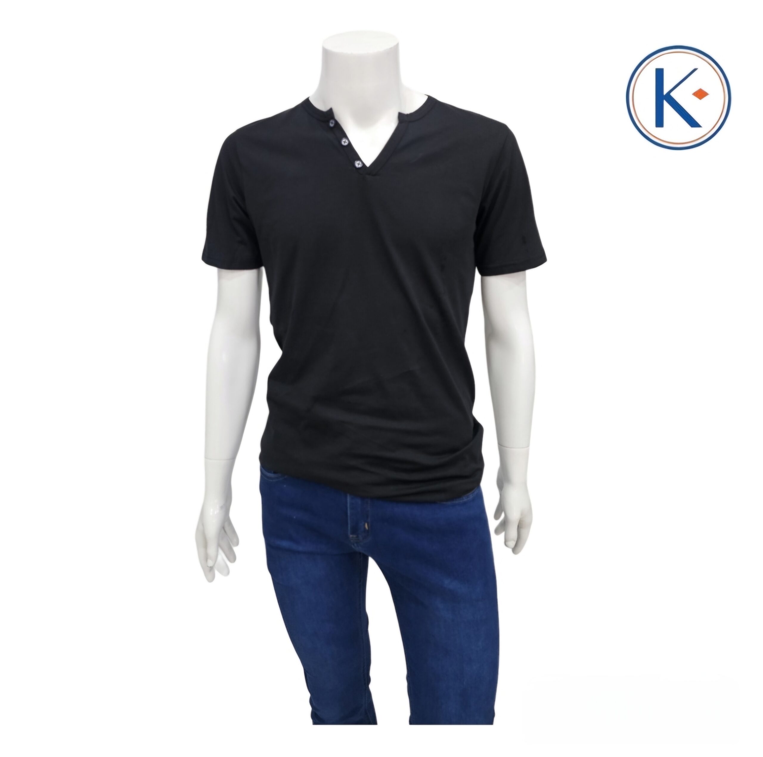 Camiseta negra  de manga corta con escote en pico y detalles de botones para hombre  