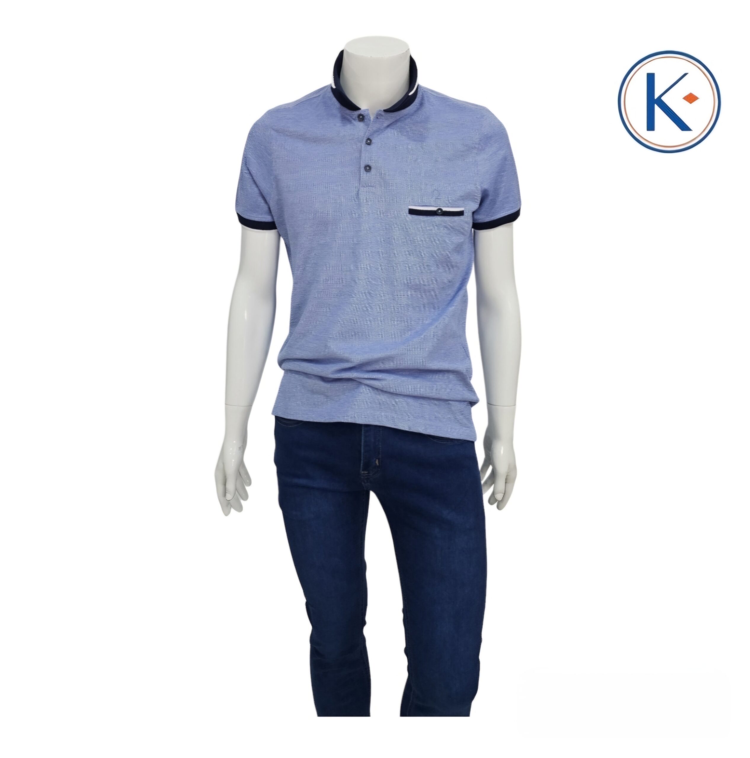 Polo jaspeado azul con bolsillo en manga corta para hombre