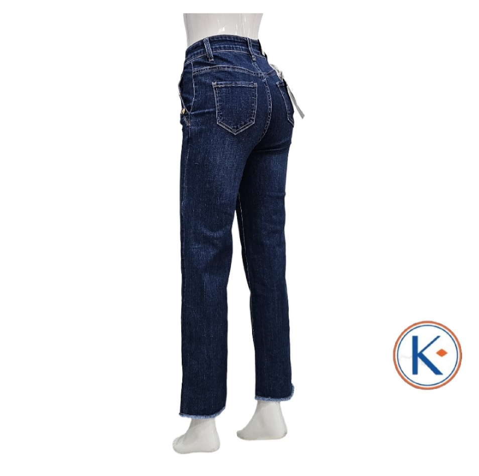 Vaquero azul recto ancho con bolsillo francés y botones para mujer