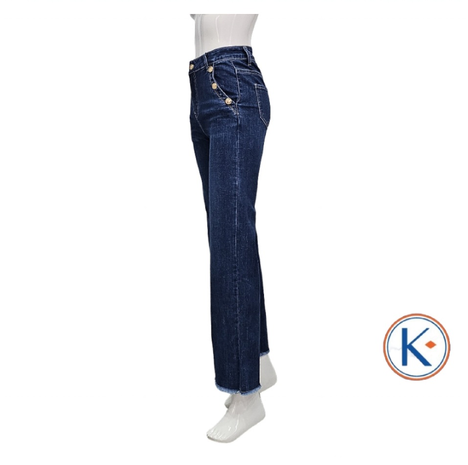 Vaquero azul recto ancho con bolsillo francés y botones para mujer