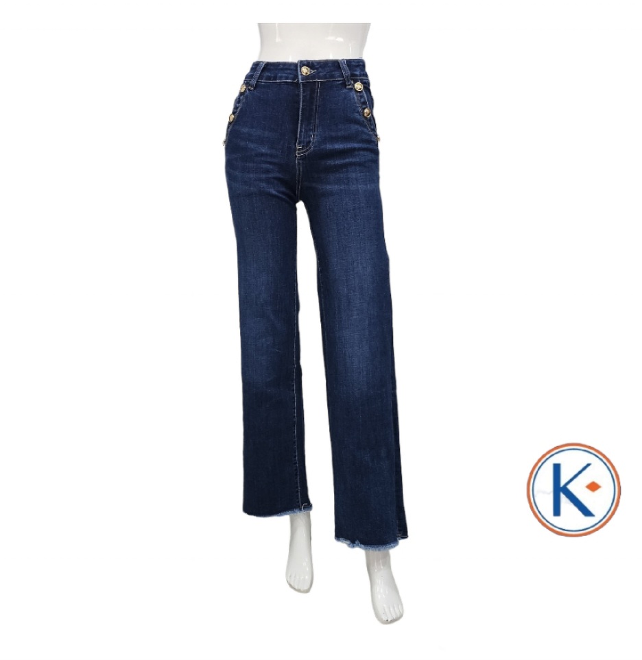 Vaquero azul recto ancho con bolsillo francés y botones para mujer