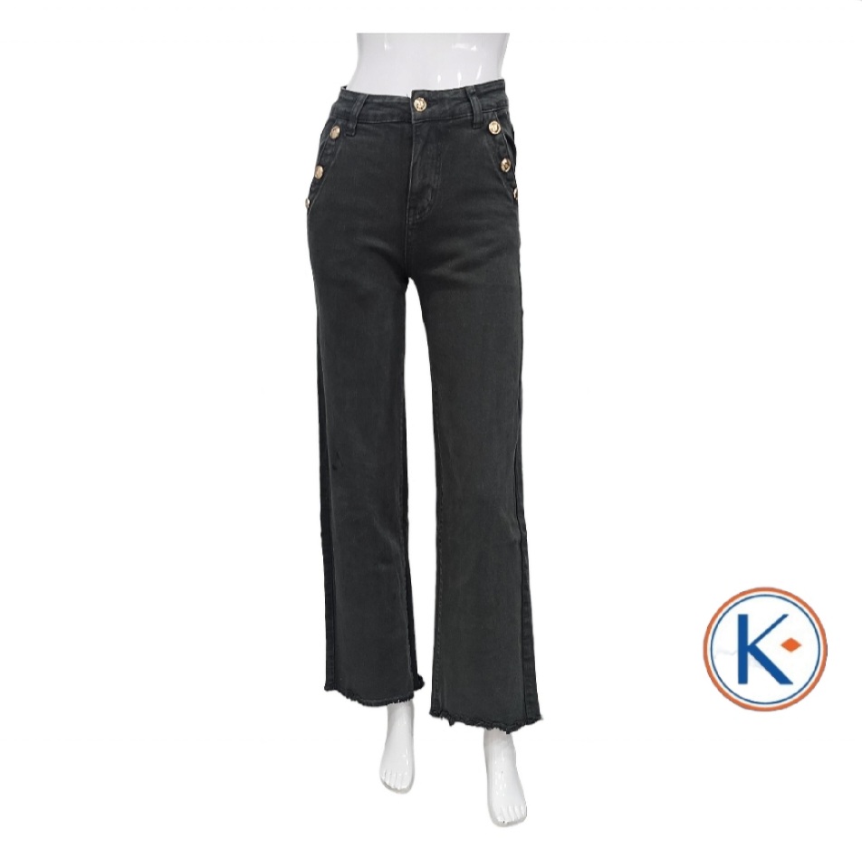 Pantalón loneta verde recto ancho con bolsillo francés y botones para mujer