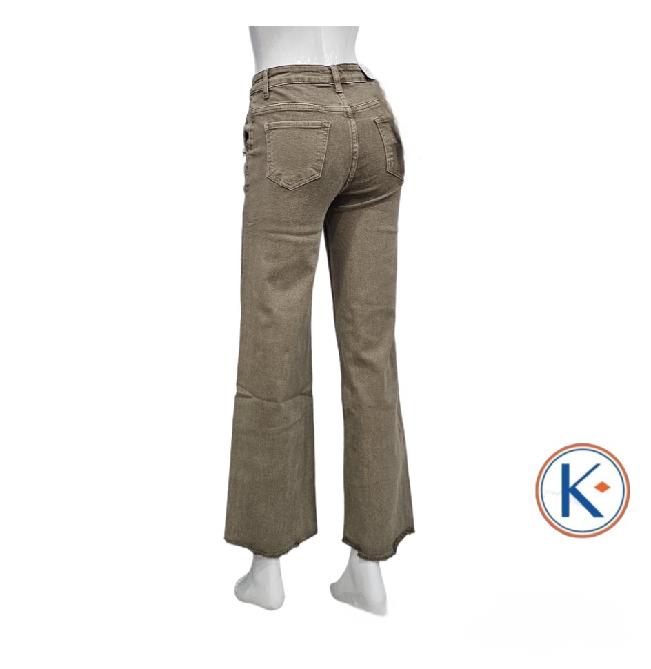 Pantalón loneta tostado recto ancho con bolsillo francés y botones para mujer