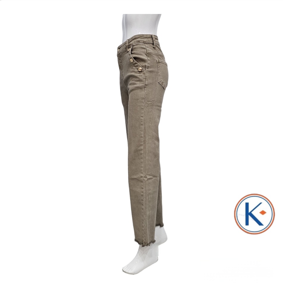 Pantalón loneta tostado recto ancho con bolsillo francés y botones para mujer