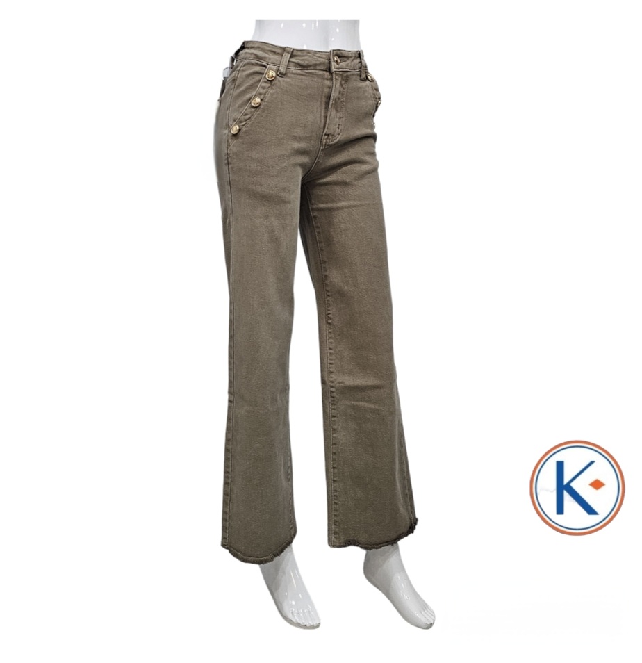 Pantalón loneta tostado recto ancho con bolsillo francés y botones para mujer
