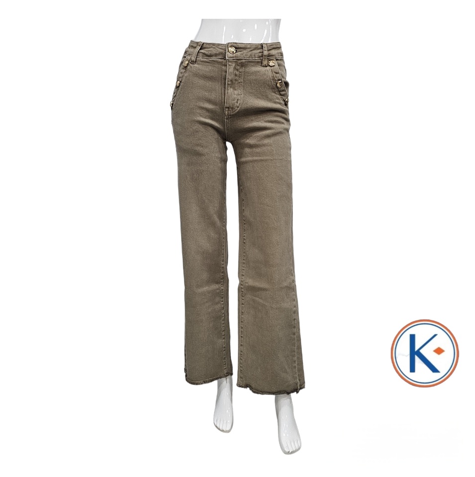 Pantalón loneta tostado recto ancho con bolsillo francés y botones para mujer