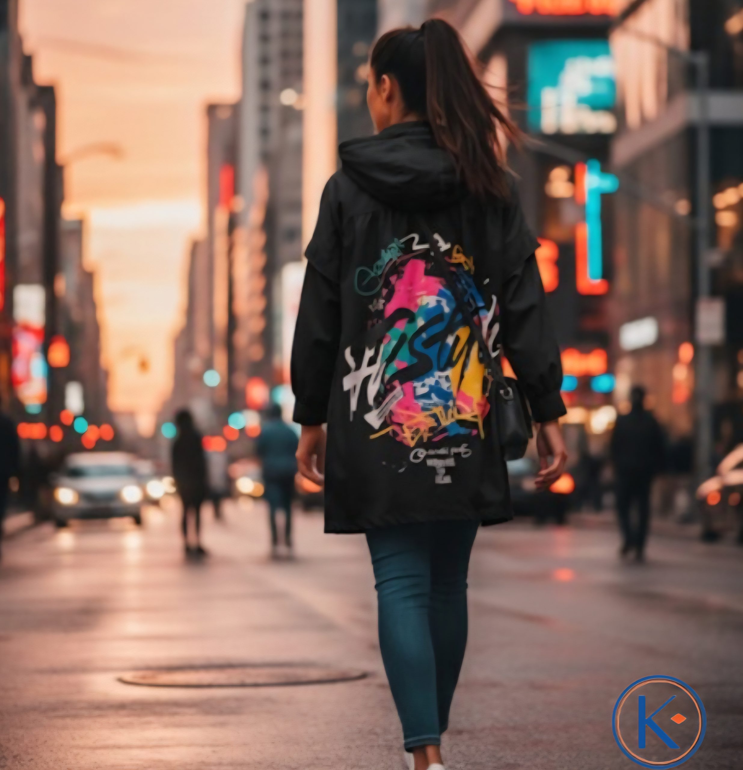 Chaqueta larga de mujer urbana de primavera con capucha y estampado