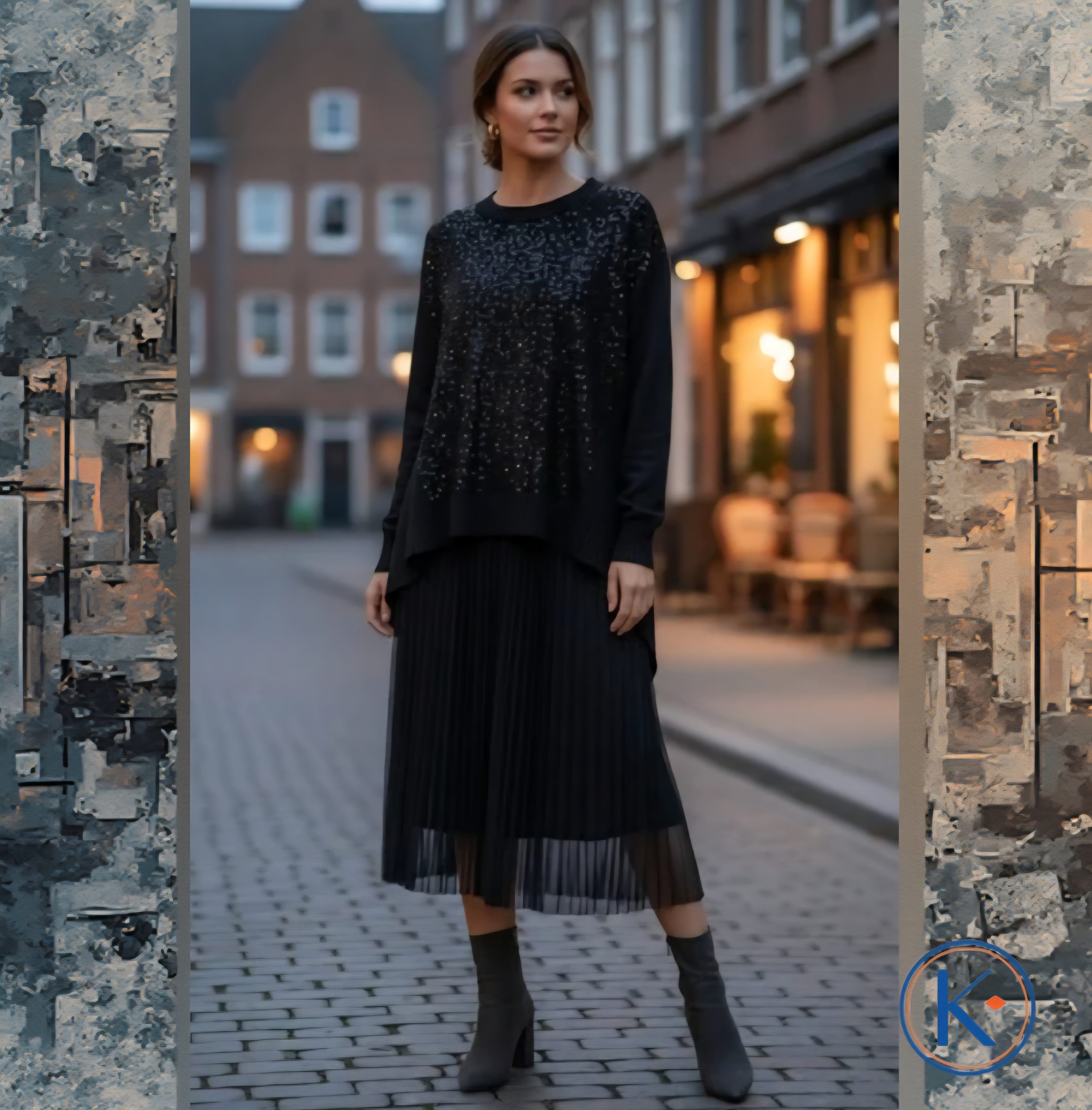 Vestido con Tul Tableado y jersey con Lentejuelas