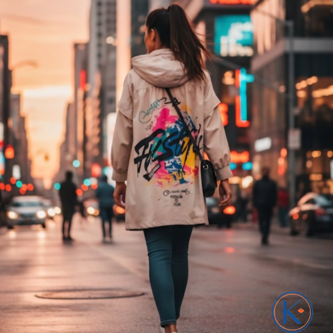 Chaqueta larga de mujer urbana de primavera con capucha y estampado