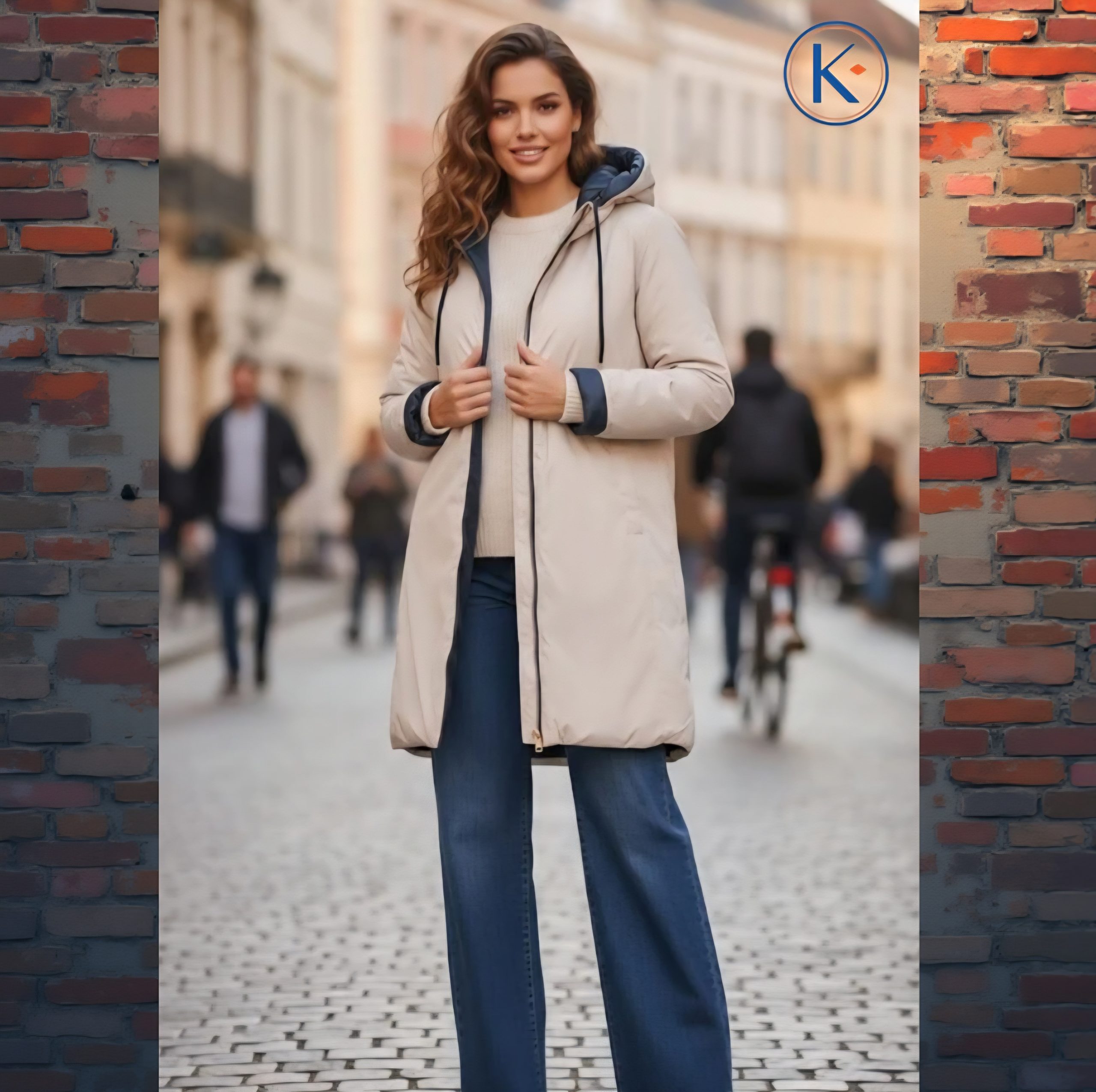 Abrigo acolchado mujer reversible azul beige capucha