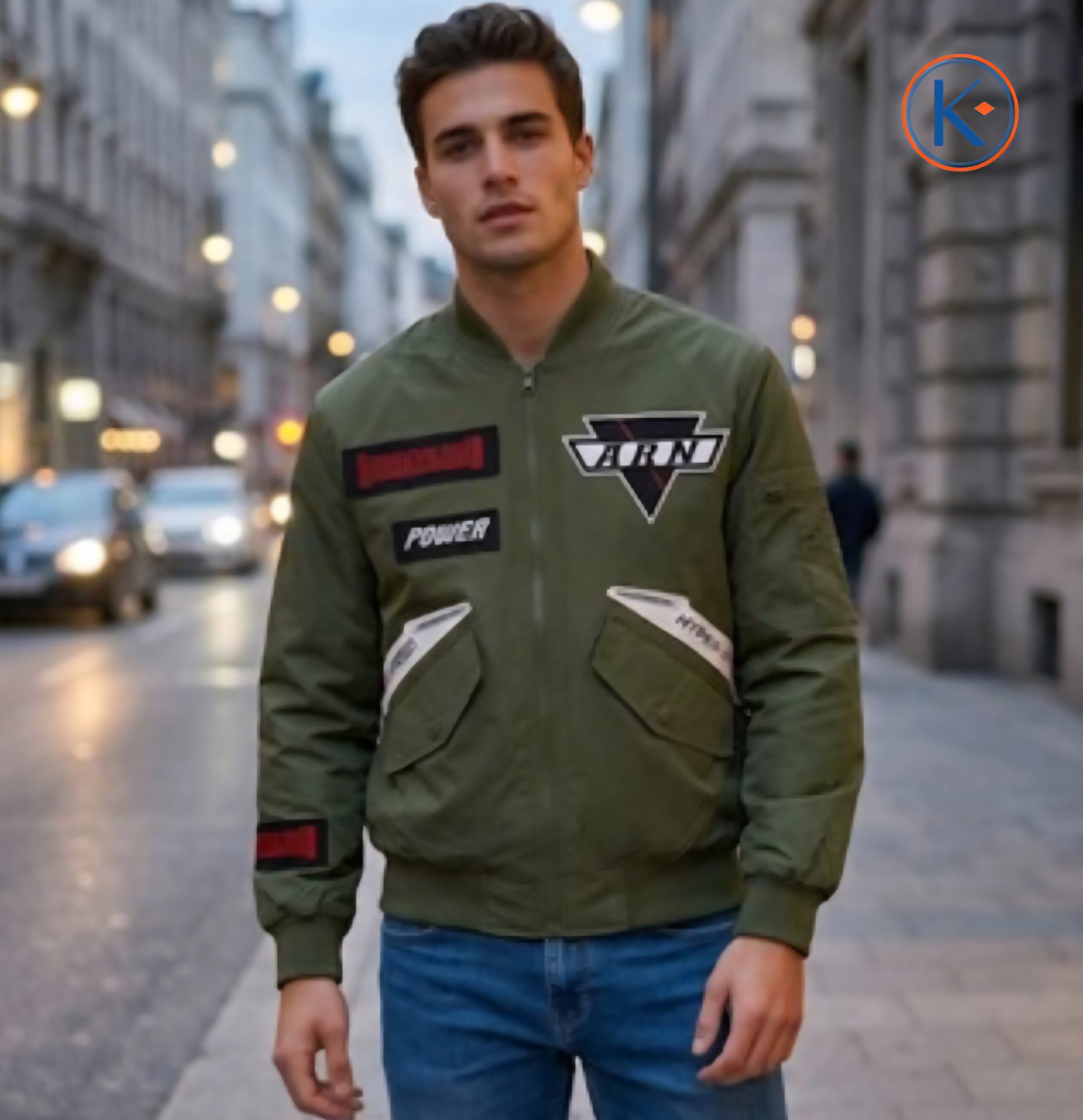 Cazadora bomber con parches hombre verde kaki