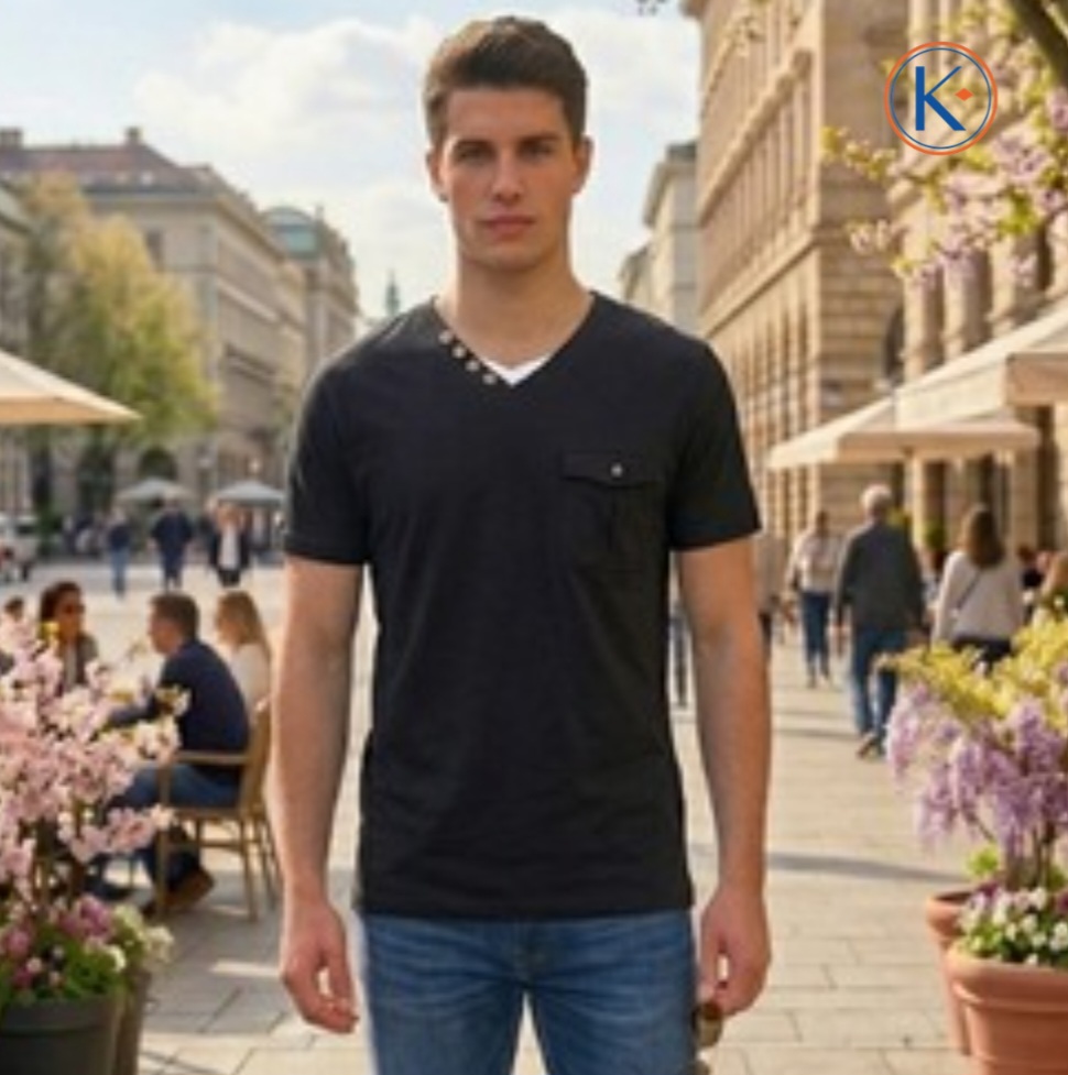 Camiseta hombre cuello pico efecto doble cuello Nisko