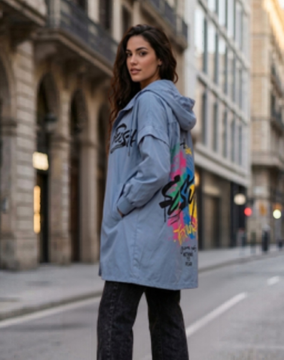 Chaqueta Larga de Mujer Urbana de Primavera con Capucha y Estampado