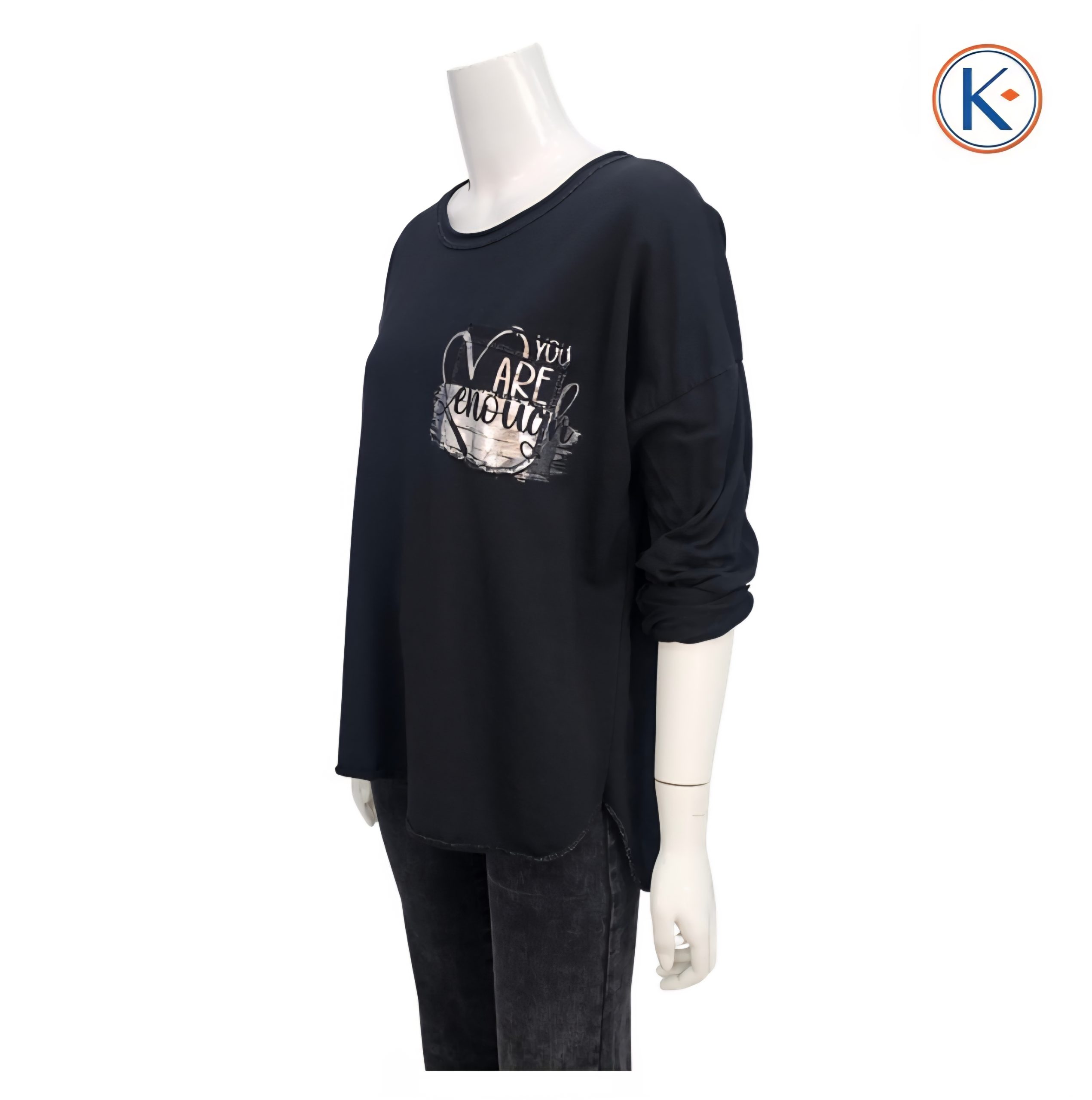 Camiseta mujer de manga larga con bolsillo delantero y detalle plateado