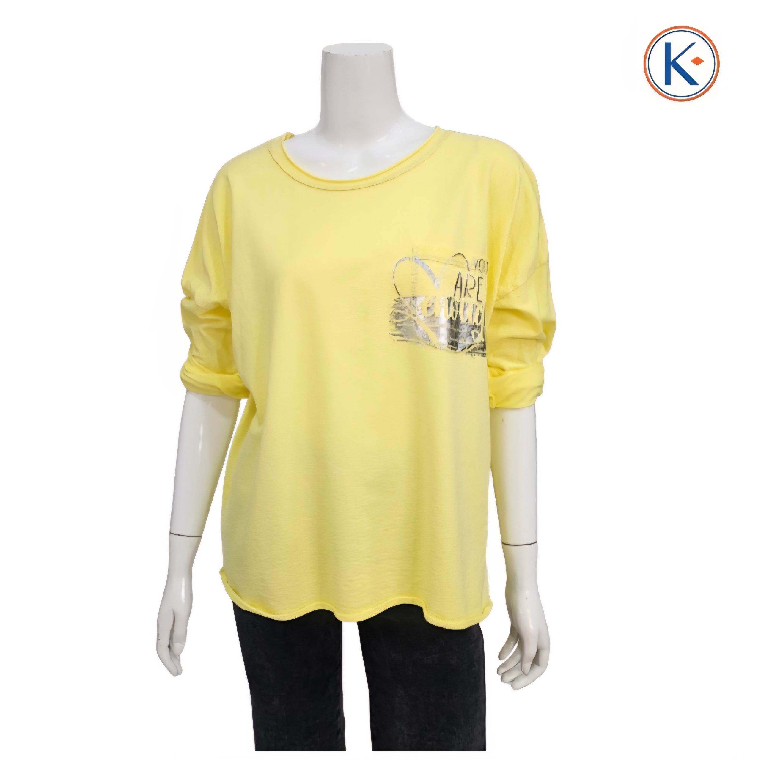 Camiseta mujer de manga larga con bolsillo delantero y detalle plateado