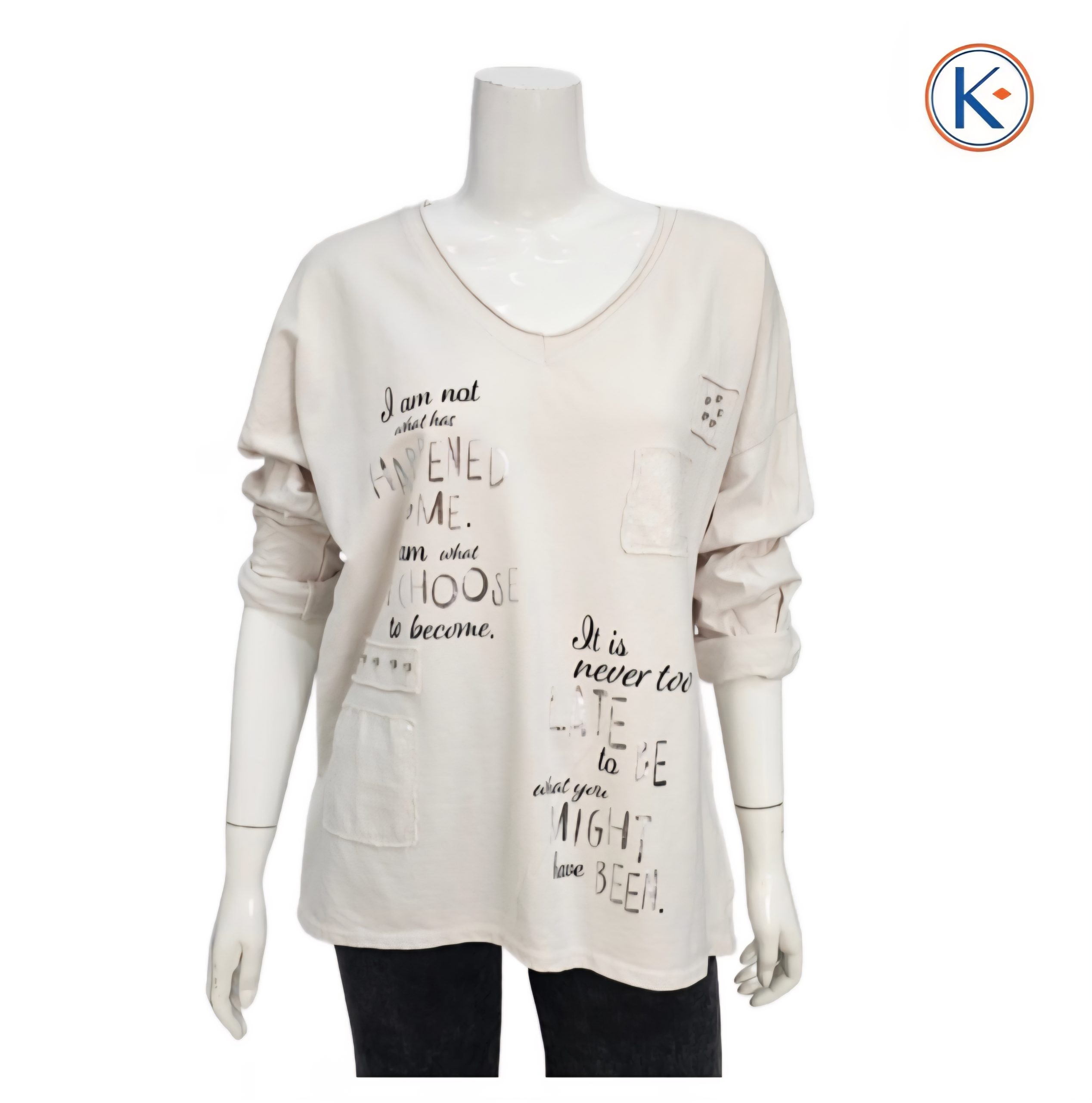 Camiseta tipo sudadera de manga larga con escote pico y detalle frontal