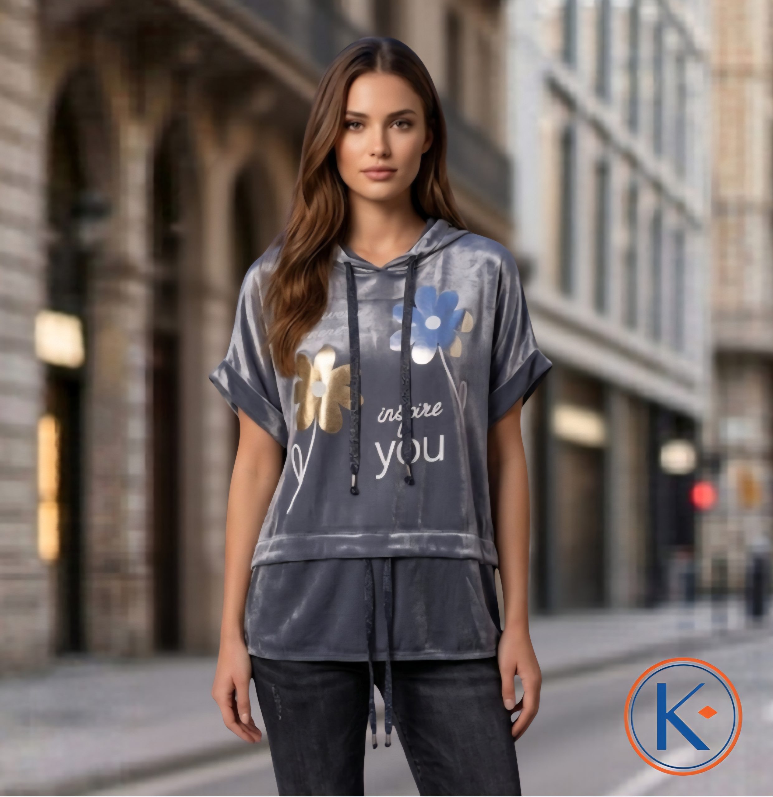 Camiseta brillo de mujer manga corta con capucha