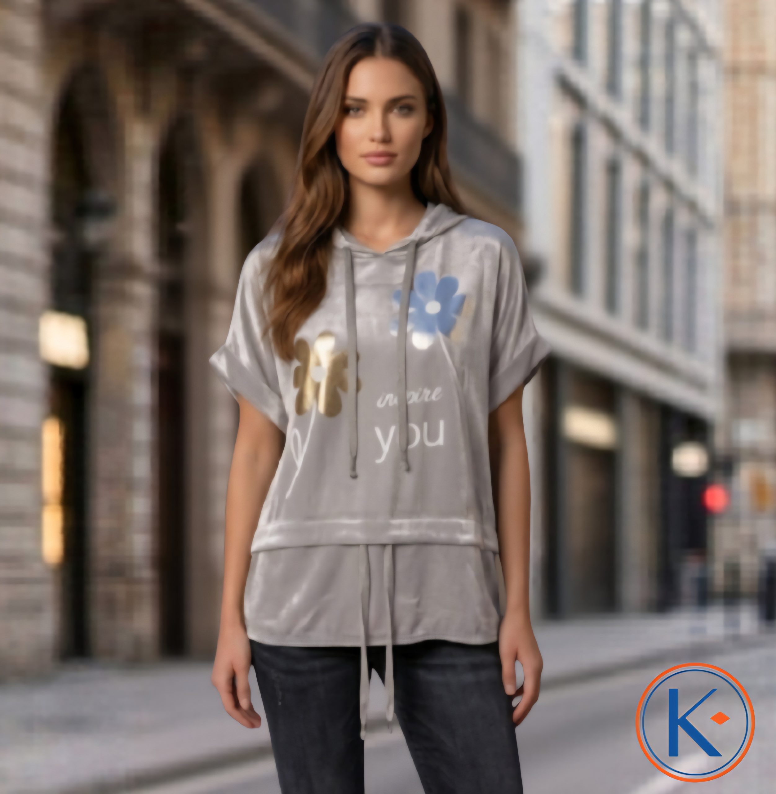 Camiseta brillo de mujer manga corta con capucha