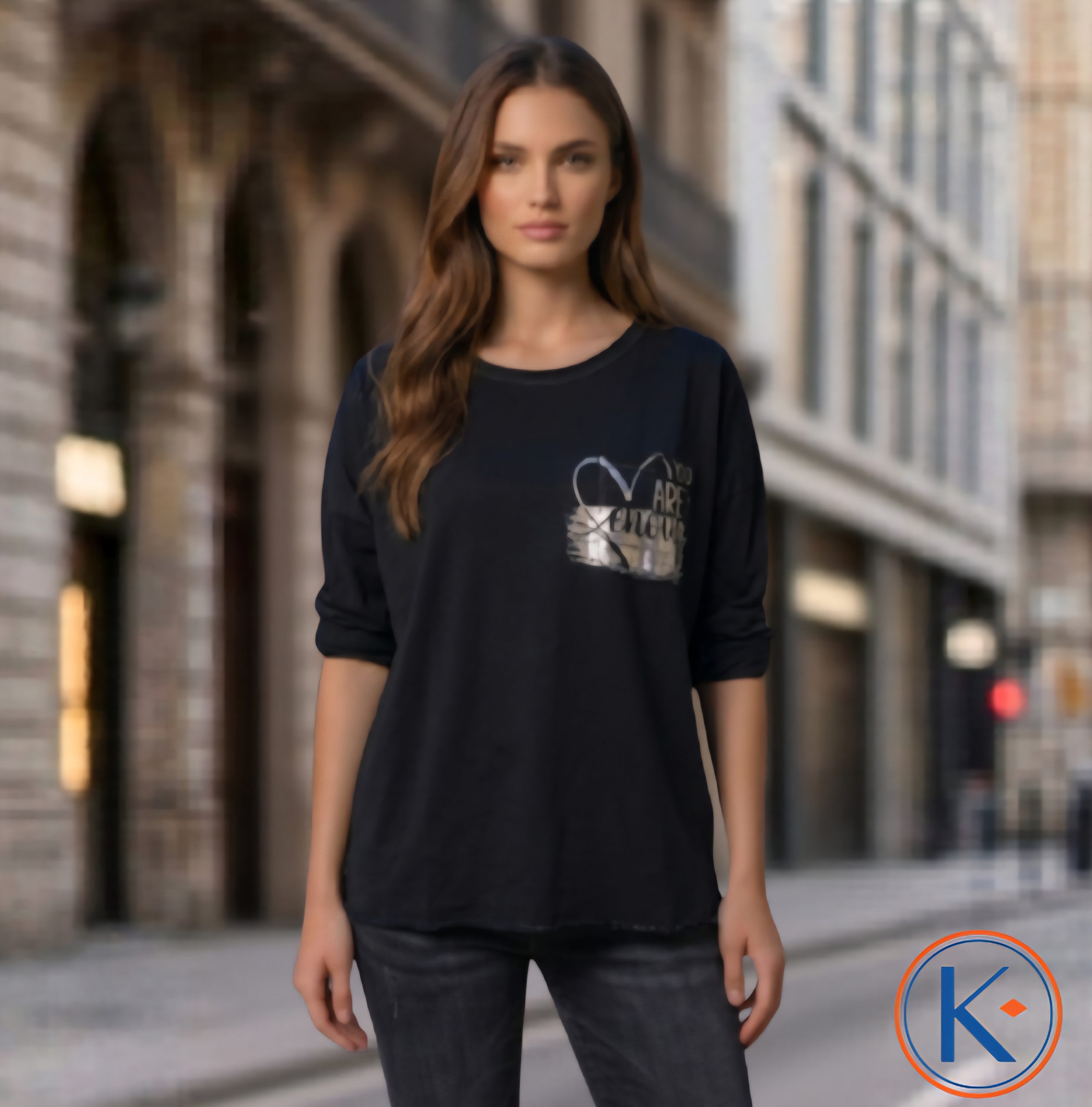 Camiseta mujer de manga larga con bolsillo delantero y detalle plateado