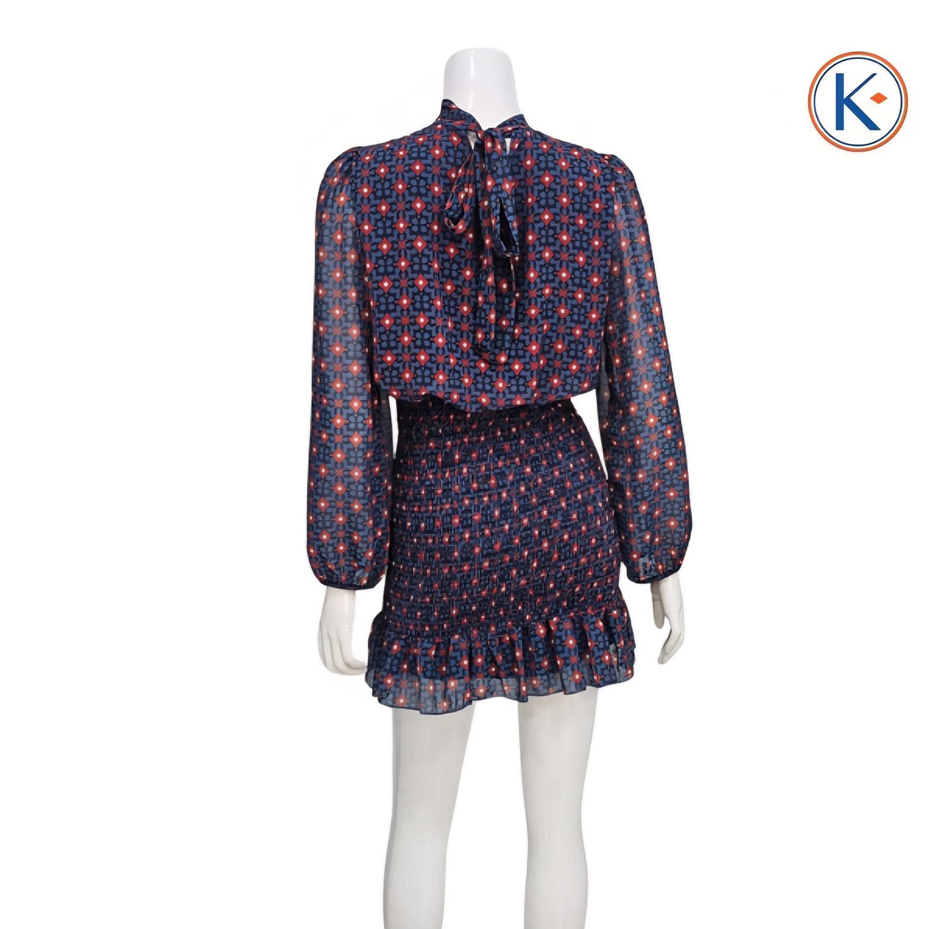 Vestido tipo gasa manga larga con lazada cuello azul marino