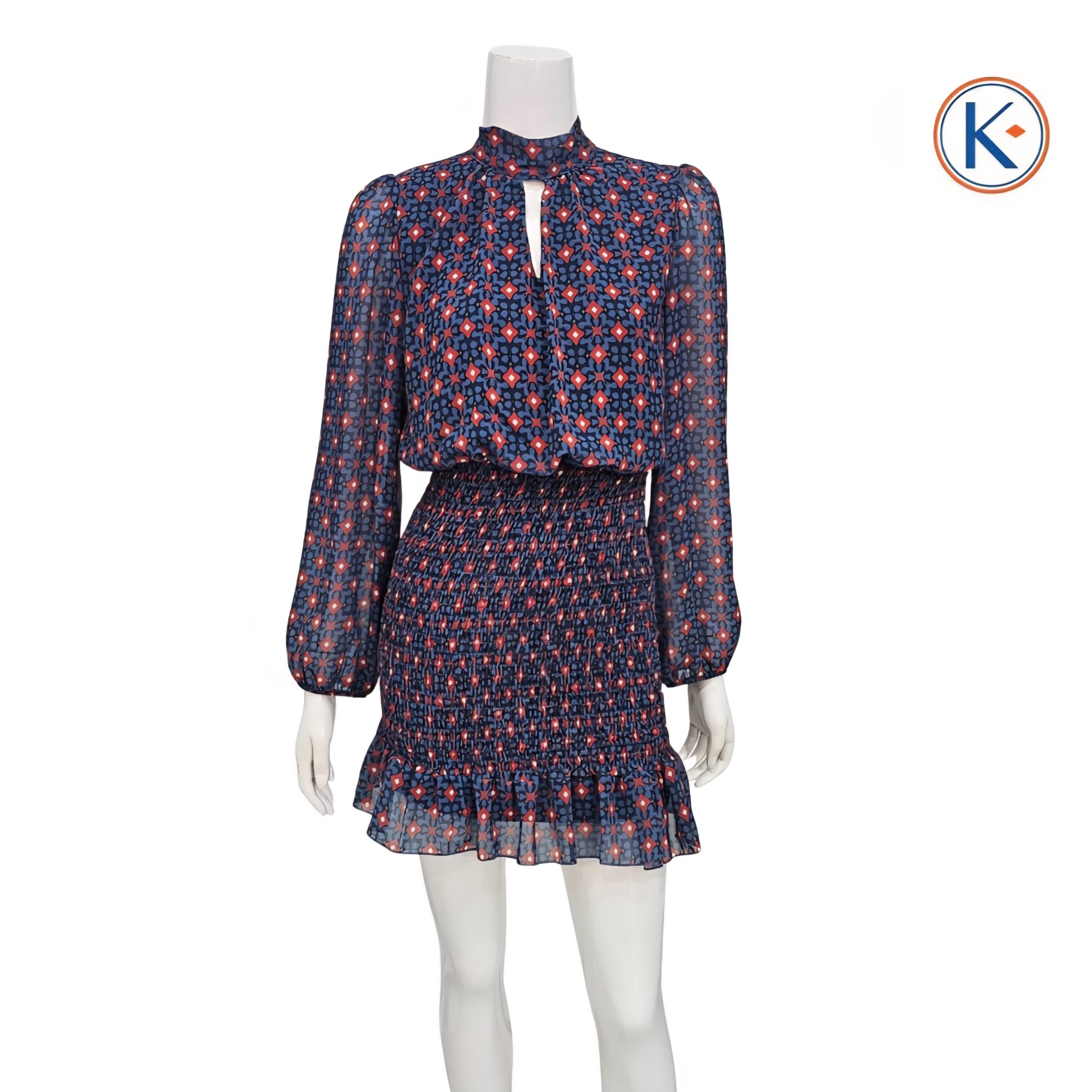 Vestido tipo gasa manga larga con lazada cuello azul marino