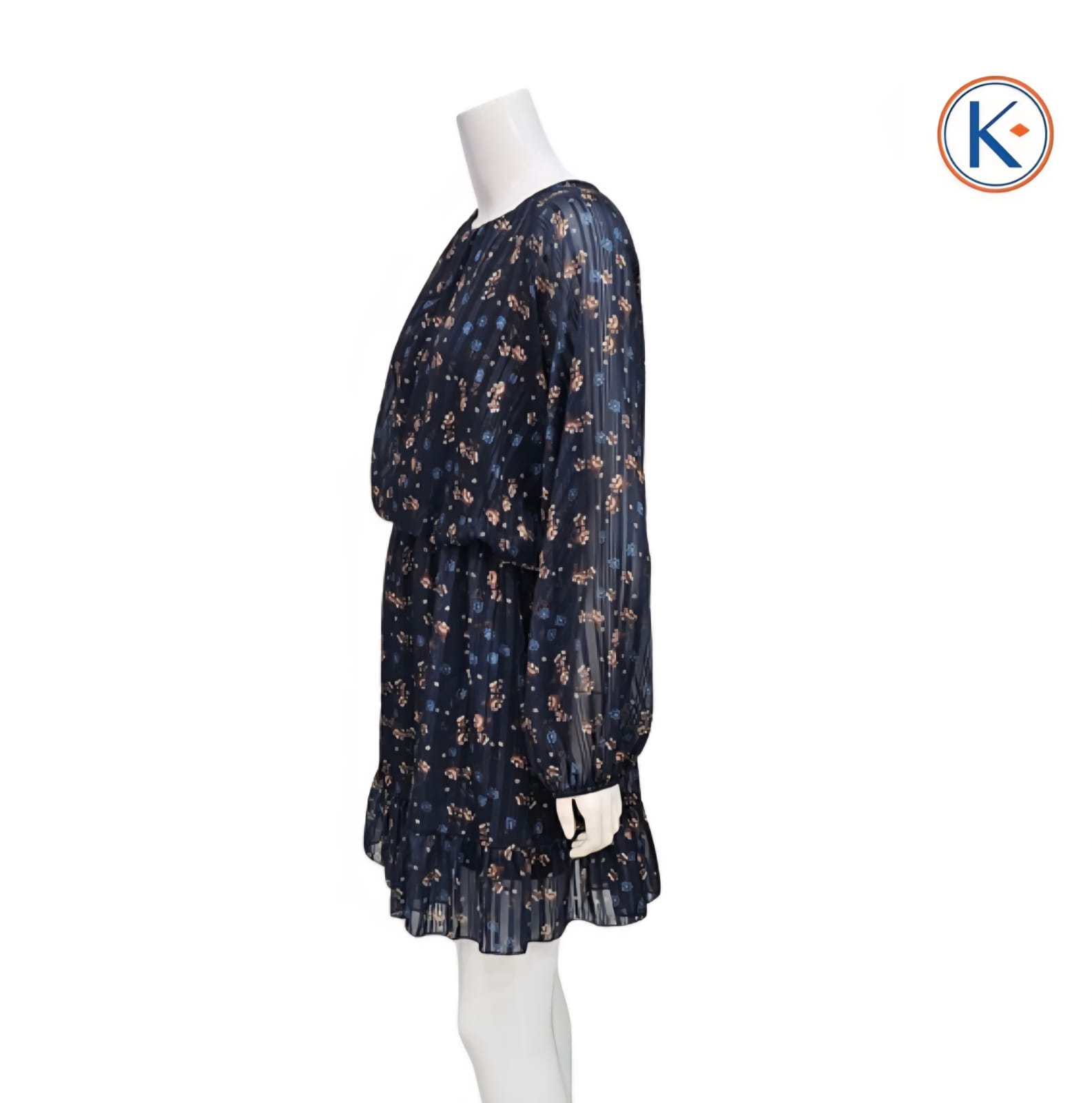 Vestido tipo gasa marino con flores pequeñas y brillo manga larga