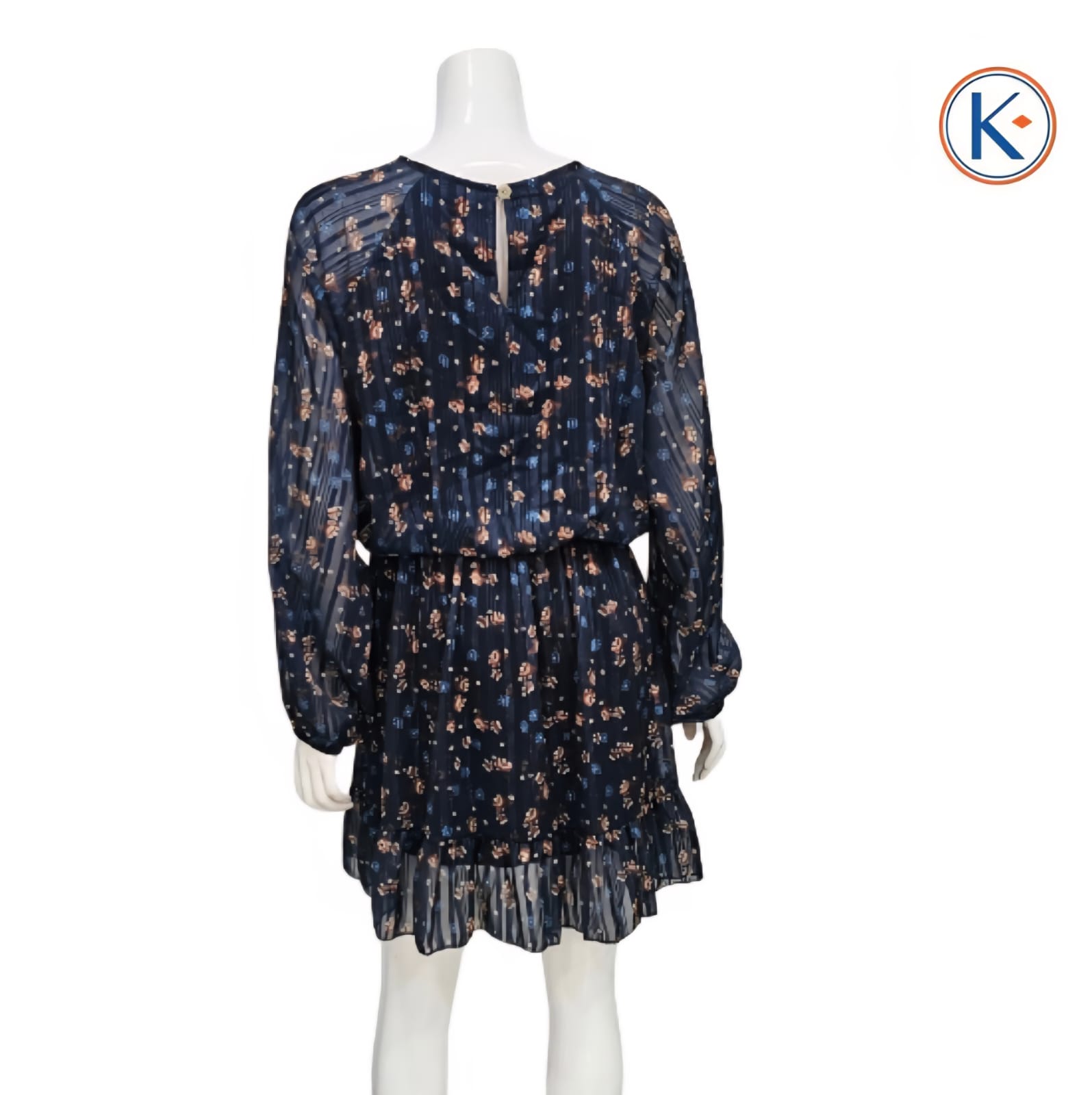 Vestido tipo gasa marino con flores pequeñas y brillo manga larga