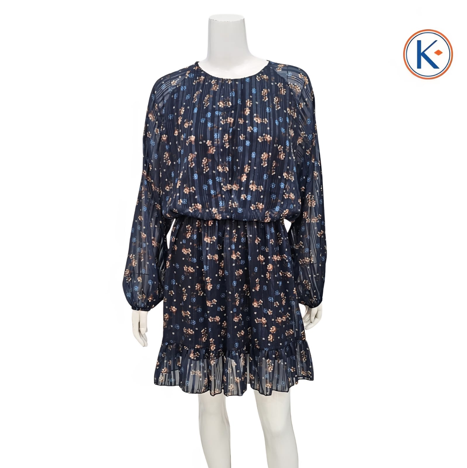 Vestido tipo gasa marino con flores pequeñas y brillo manga larga