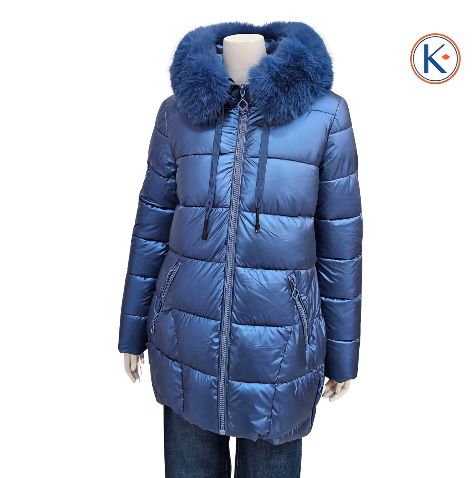 Chaquetón acolchado mujer azul metalizado con capucha y pelo desmontable