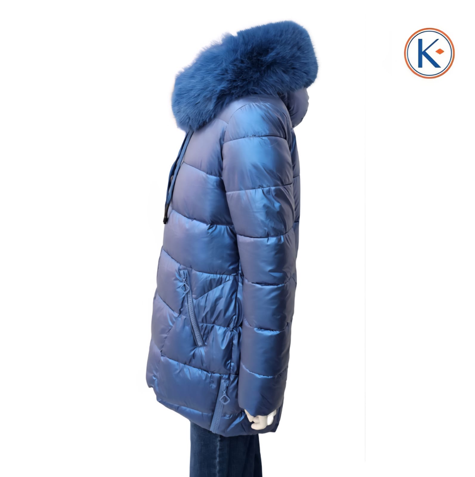 Chaquetón acolchado mujer azul metalizado con capucha y pelo desmontable
