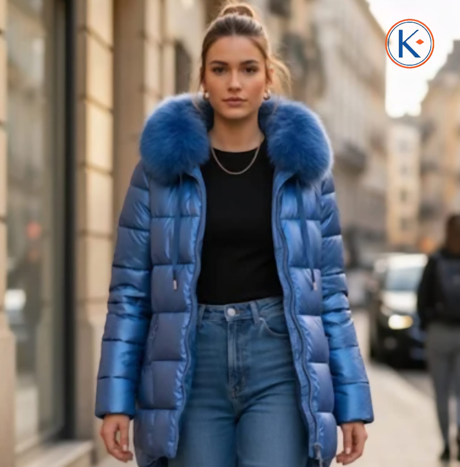 Chaquetón acolchado mujer azul metalizado con capucha y pelo desmontable